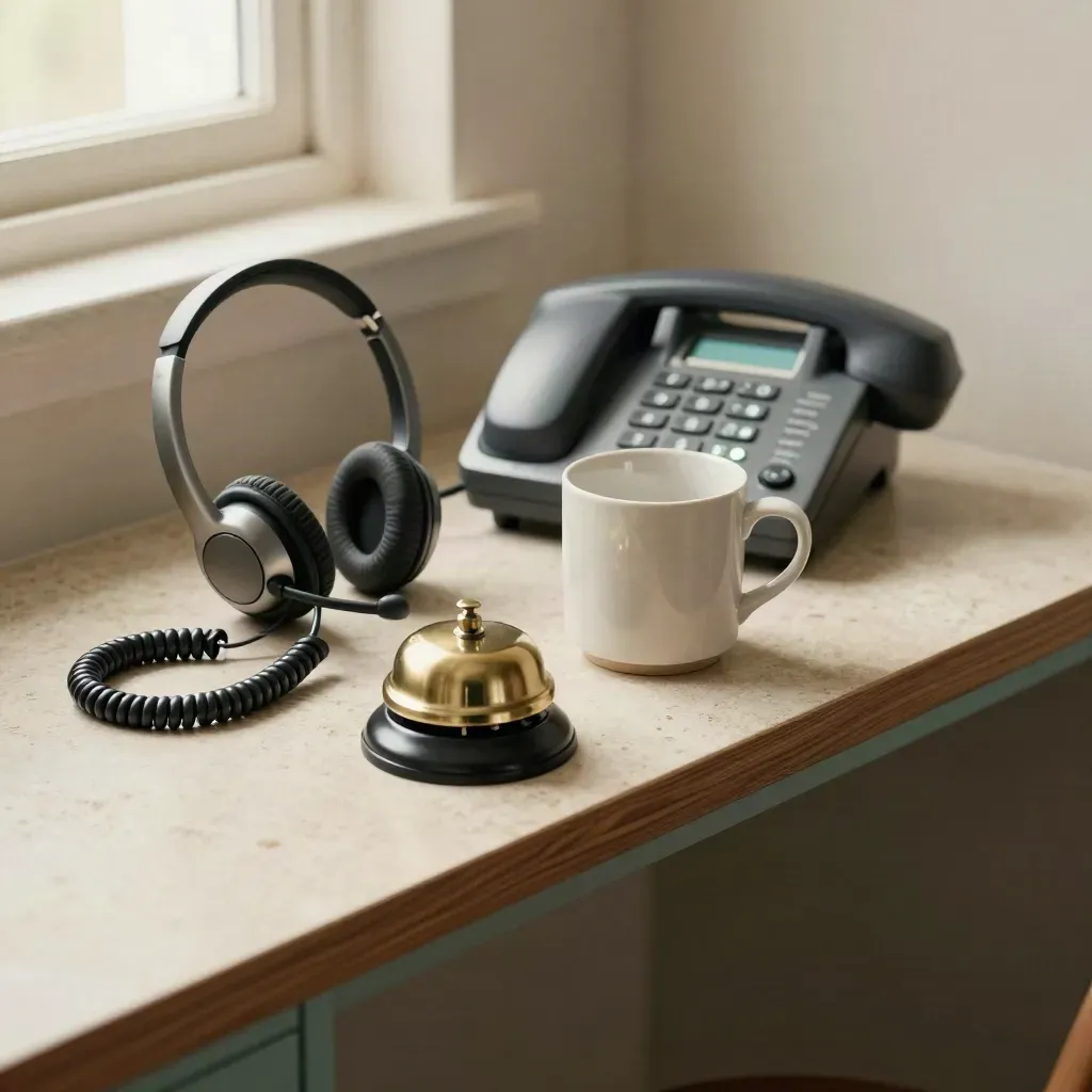 Angolo customer care con cuffie, campanello, tazza e telefoni su piano chiaro.