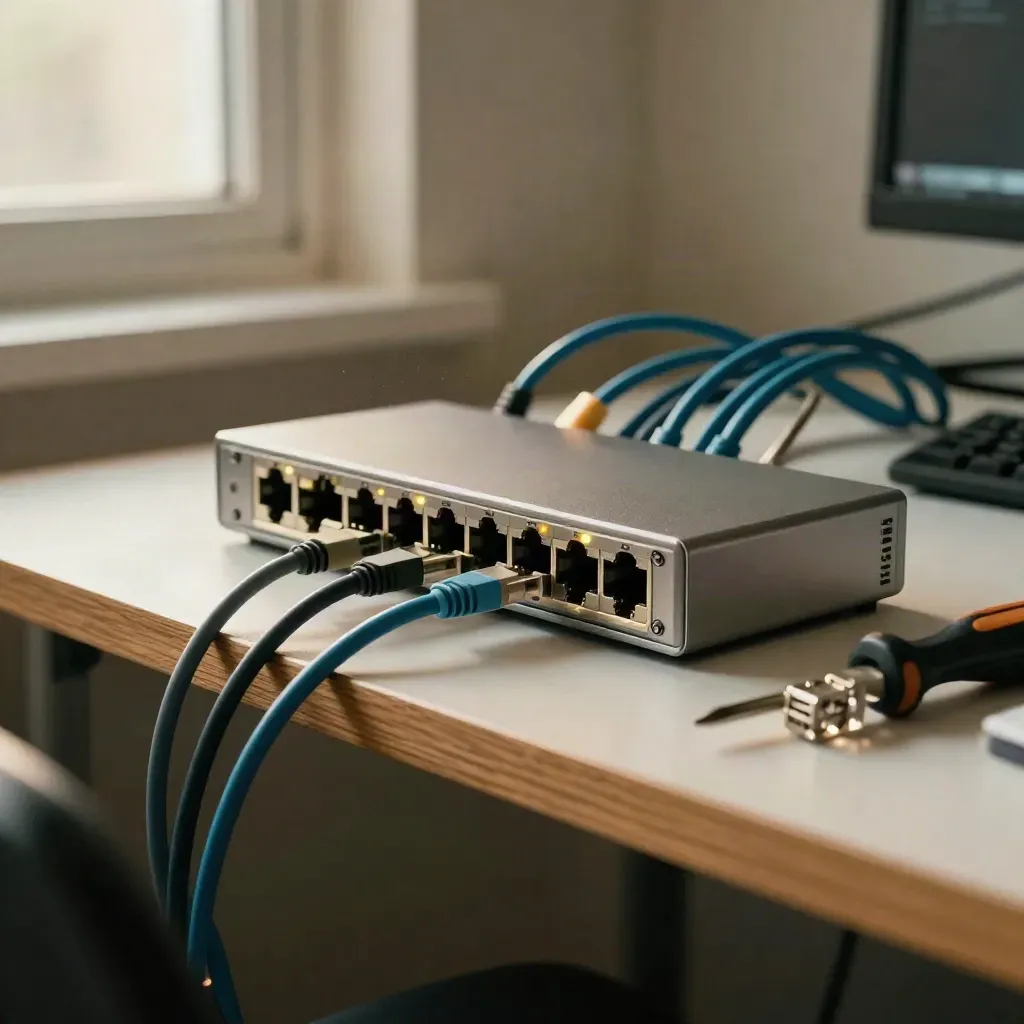 Hub Ethernet, cavi patch e mini switch su ripiano chiaro, luce calda da finestra.