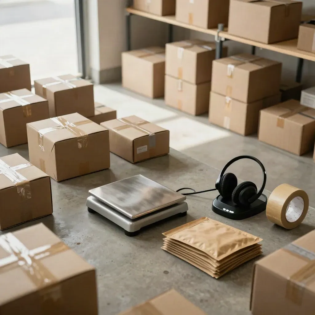 Pacchi e-commerce sigillati, bilancia e cuffie in carica in un corner fulfillment ordinato.