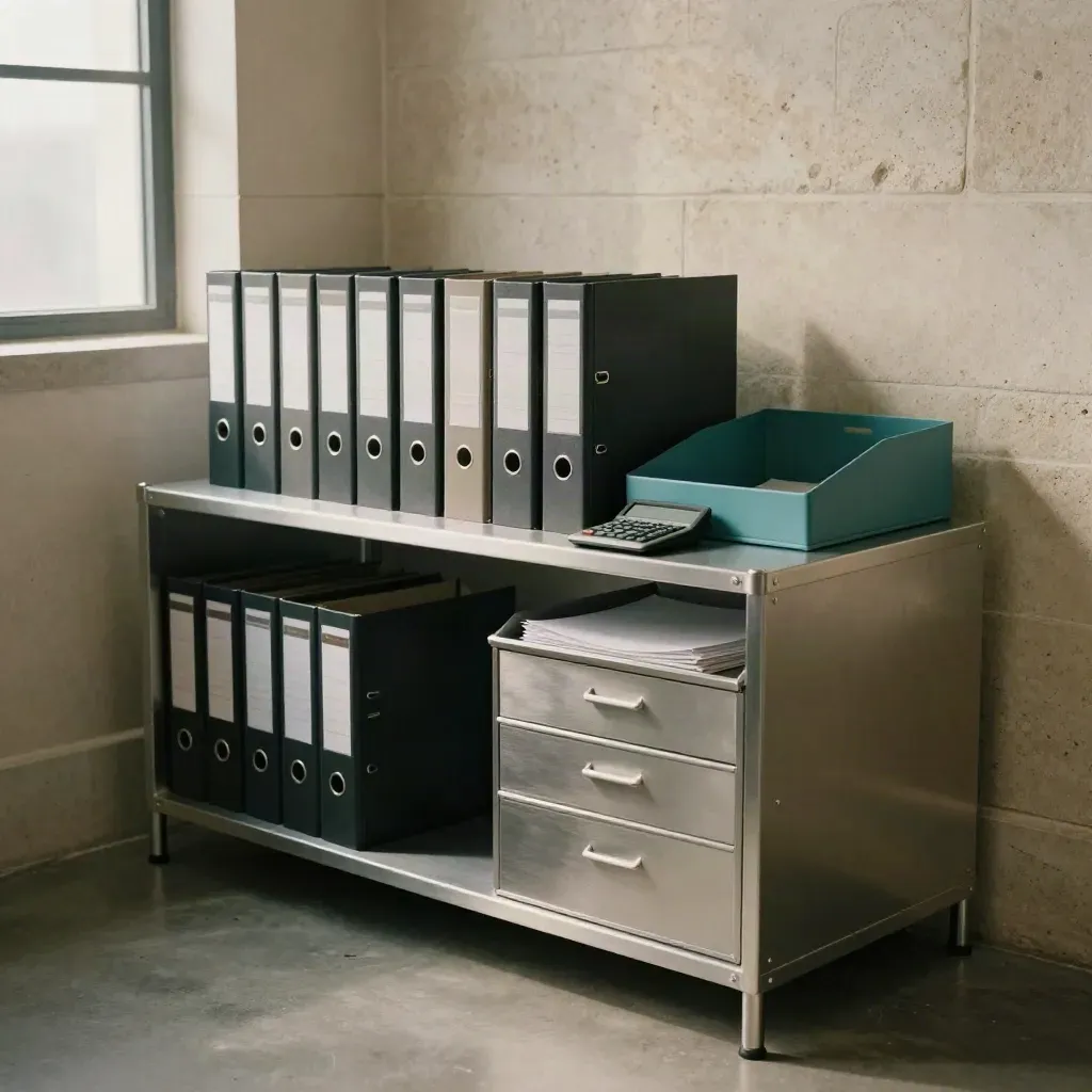 Area payroll ordinata con raccoglitori chiusi, calcolatrice e cassetto documenti in luce cinematica.