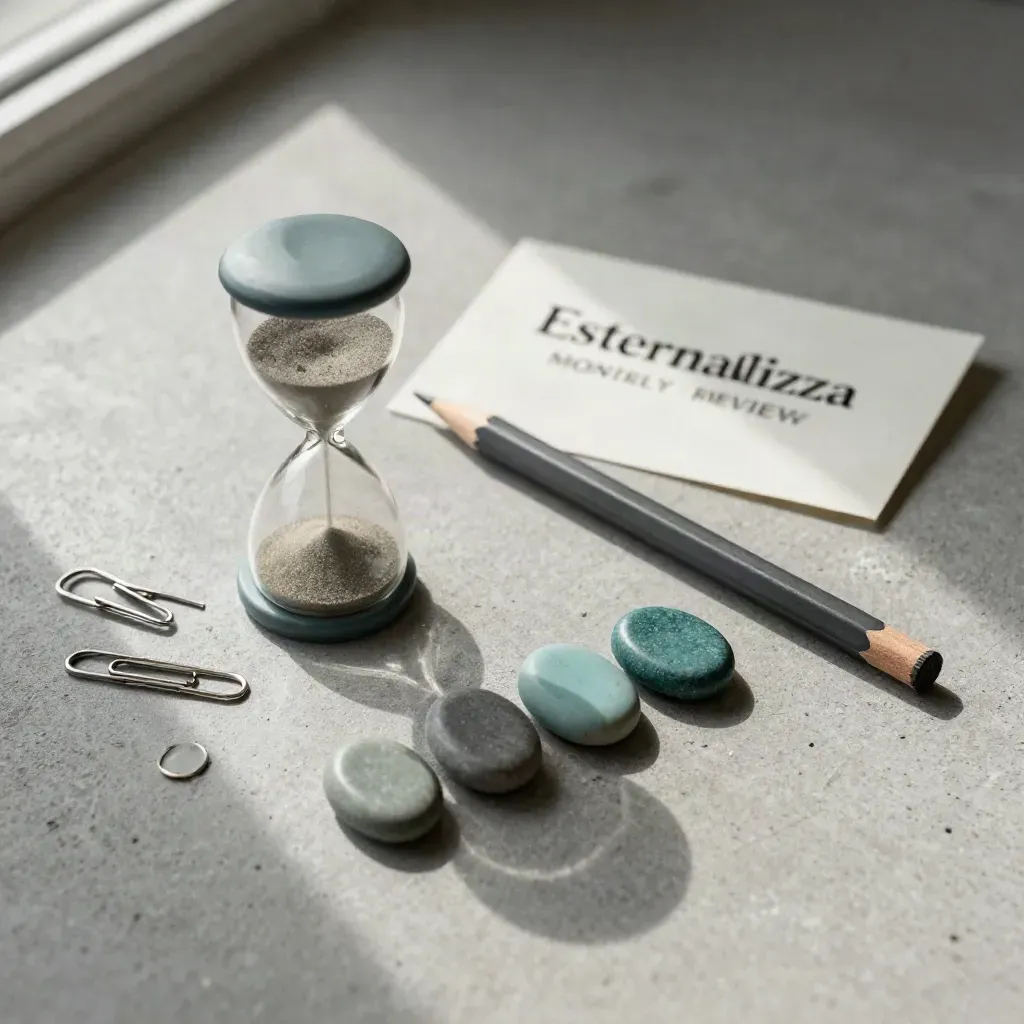 Clessidra, matita corta, gettoni teal e graffette su cemento chiaro con luce morbida.